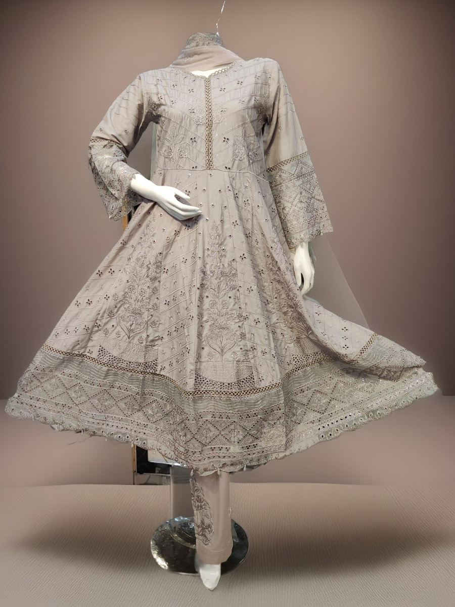 AR Emb Cotton Lawn Frock-3PC