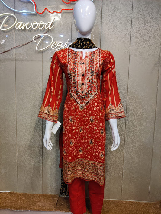 Mirari 3-Pcs Embroidered Shirt With Chiffone Dupatta
