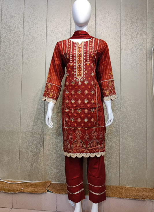 Mirari 3-Pcs Embroidered Shirt With Chiffone Dupatta