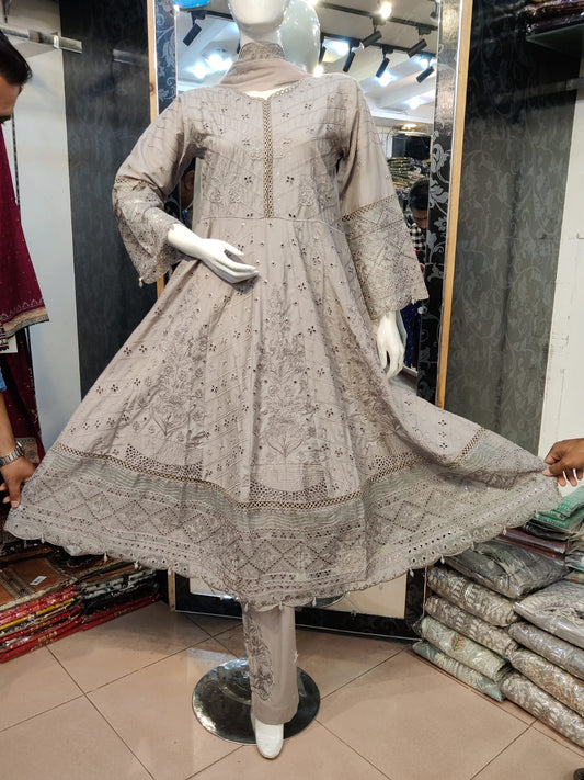 AR Emb Cotton Lawn Frock-3PC