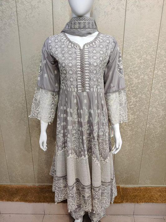 AR Emb Cotton Lawn Frock-3PC