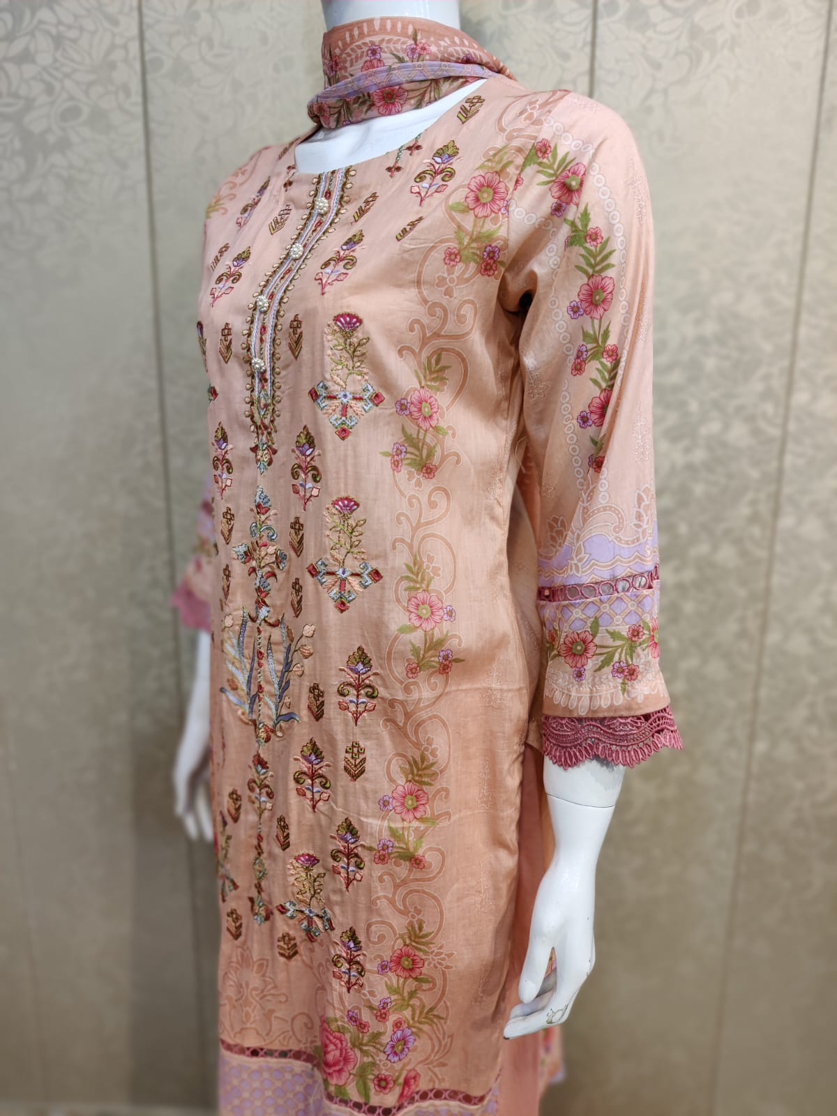 Mirari 3-Pcs Embroidered Shirt With Chiffone Dupatta