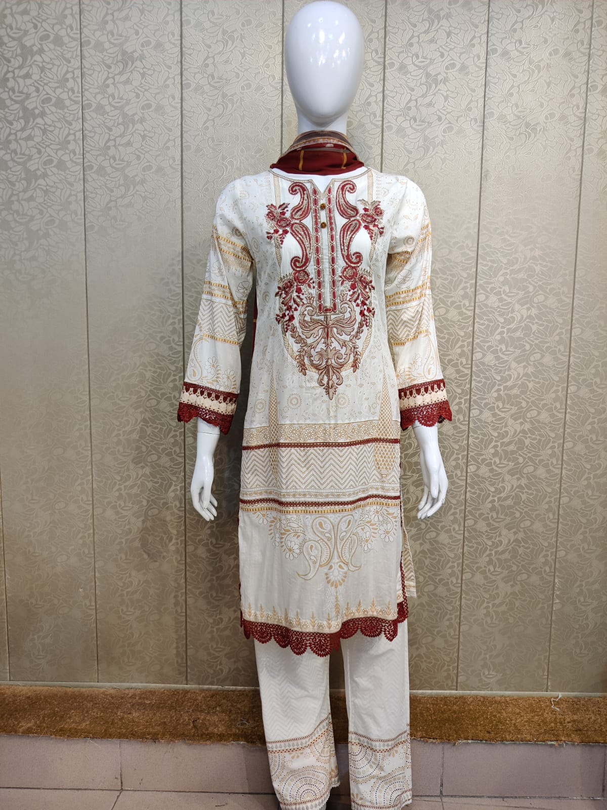 Mirari 3-Pcs Embroidered Shirt With Chiffone Dupatta